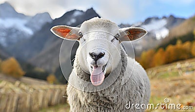 Funny beautiful sheep Portrait of sheep showing tongue Stock Photo