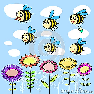 Funny bees flying over flowers. Vector Illustration