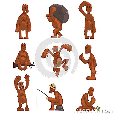 Funny bigfoot cartoon character set, mythical creature in different situations vector Illustrations on a white Vector Illustration