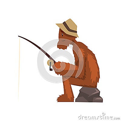 Funny bigfoot fishing with rod, mythical creature cartoon character vector Illustration on a white background Vector Illustration