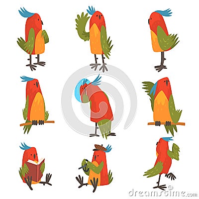 Funny Bird Cartoon Character in Different Situations Set, Cute Birdie with Bright Colorful Feathers and Tuft Vector Vector Illustration