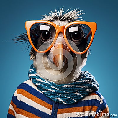 Funny Bird With Sunglasses In Blue Stripe Sweater Stock Photo