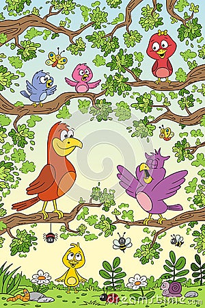 Funny Birds in Tree Vector Illustration