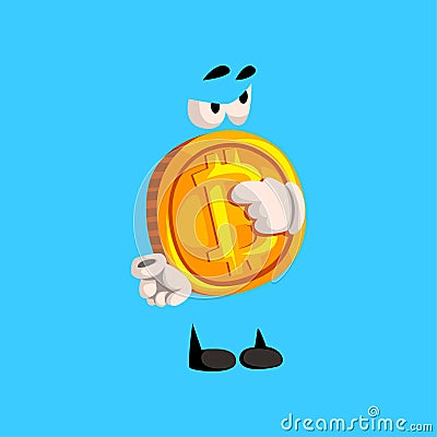 Funny bitcoin character pointing, crypto currency emoticon vector Illustration on a sky blue background Vector Illustration