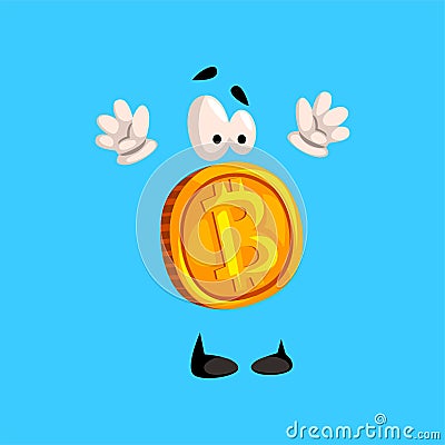 Funny bitcoin character standing with rising hands, crypto currency emoticon vector Illustration on a sky blue Vector Illustration