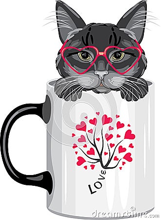 Funny black cat peeking out of a mug Vector Illustration