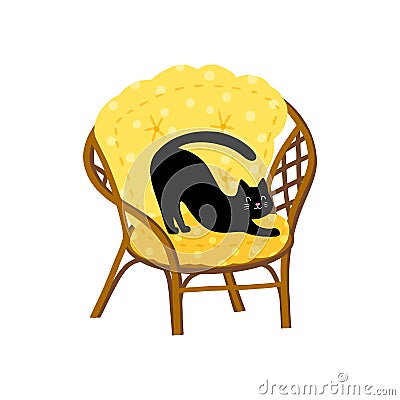 A funny black cat stretches on a garden chair. Summer concept, vector illustration in simple hand drawn childish cartoon Vector Illustration