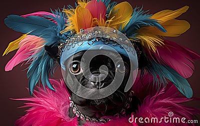 Funny black french bulldog wearing a headdress with feathers on a dark background Stock Photo