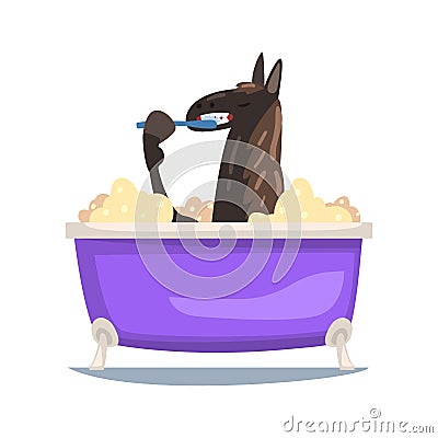 Funny Black Horse Taking Bath and Cleaning Teeth, Funny Animal Washing in Foamy Bathtub Vector Illustration Vector Illustration