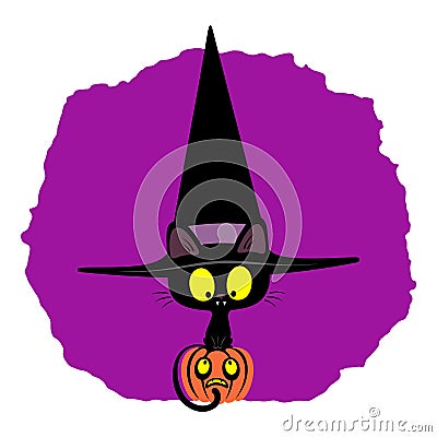 Funny black kitten in a huge pointy witch hat sitting on a pumpkin. Vector Illustration