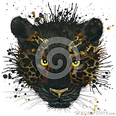 Funny black panther with watercolor splash textured Stock Photo
