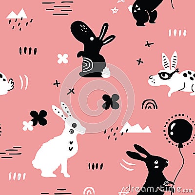 Funny black and white rabbits Vector Illustration