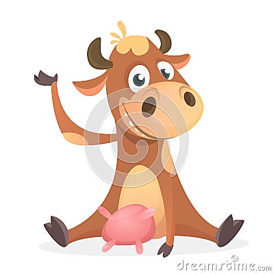 Funny black and white spotted cow character pointing to something. Cartoon vector illustration Vector Illustration