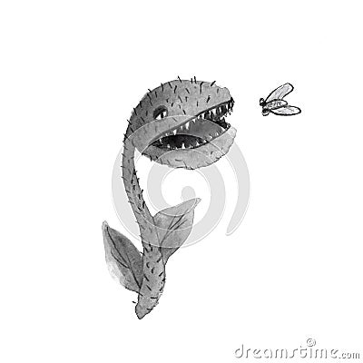Funny black and white venus flytrap, illustration drawn in watercolor and pencil, character, catches a fly Cartoon Illustration