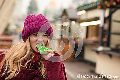 Funny young woman eating delicious christmas gingerbread at the Stock Photo