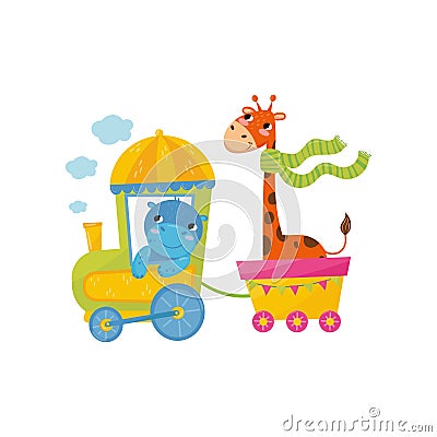 Funny blue behemoth and orange spotted giraffe riding on train. Graphic element for children s book, postcard or mobile Vector Illustration