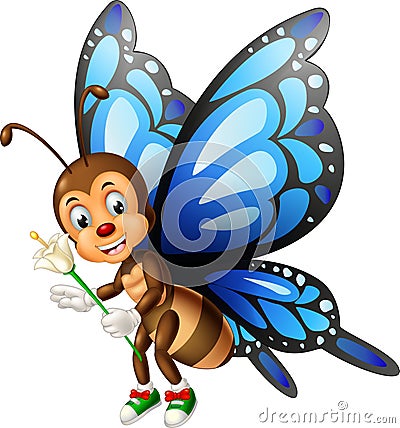 Funny Blue Brown Butterfly Wearing Green Shoes With White Flower Cartoon Stock Photo