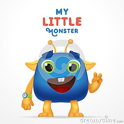 Funny Blue Cartoon alien invader. my little monster typography. Cute Fluffy character with watch isolated on light Stock Photo