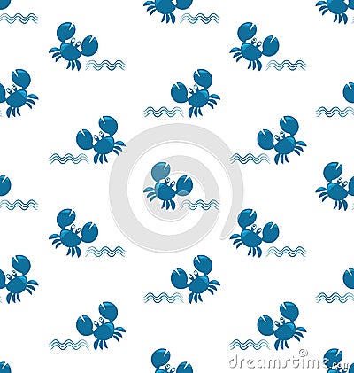 Funny blue crab and waves. Vector Illustration