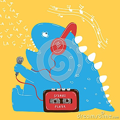 Funny blue dinosaur sits and sings into microphone Vector Illustration