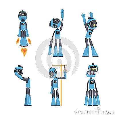 Funny Blue Robot Character Engaged in Different Activity Vector Set Vector Illustration