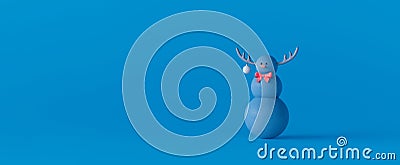 Funny blue snowman with reindeer antlers on blue background. Winter Holidays concept Cartoon Illustration