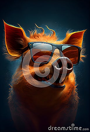 Funny boar pig with sunglasses on dark background. AI Generative Stock Photo