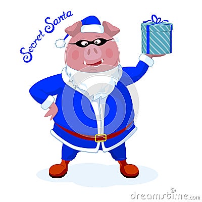 Funny boar dressed as Santa with a gift. Secret Santa. Christmas Vector Illustration