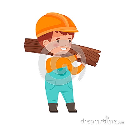 Funny Boy Builder in Hard Hat and Overall Carrying Wooden Plank Vector Illustration Vector Illustration