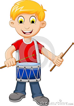 Funny Boy cartoon playing drum Stock Photo