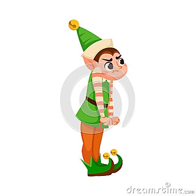Funny Boy Elf Character with Pointed Ears Stand with Grumpy Face Vector Illustration Vector Illustration