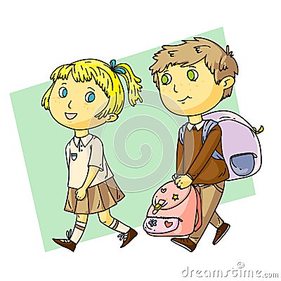 Funny boy helps cute girl with heavy school bag Vector Illustration