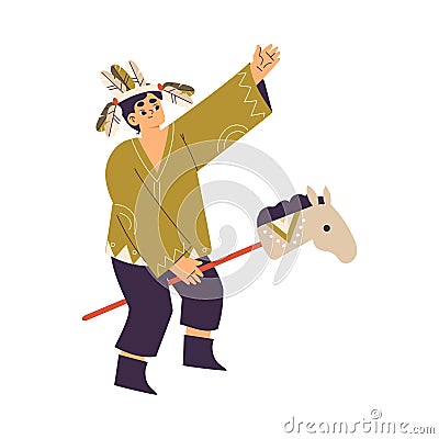 Funny Boy on Horse Stick Playing Indian Dressed in Injun Costume with Feather Vector Illustration Stock Photo