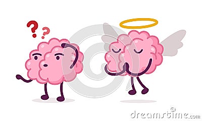 Funny Brain Character Scratching Head Searching for Answer and with Nimbus and Angel Wings Vector Set Stock Photo