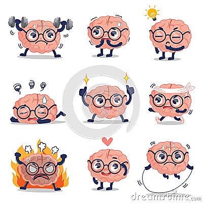 Funny brain cute training and many action Vector Illustration