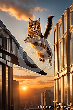 funny brave cat whisker jumping building to building at sunset, funny comic illustration Cartoon Illustration