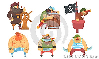 Funny Brave Sailors Pirates and Captain Set, Male Buccaneers Cartoon Characters Vector Illustration Vector Illustration