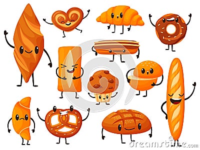 Funny bread characters, variety breads with cartoon faces. Bakery elements, toast and loaf. Breakfast comic croissant Vector Illustration