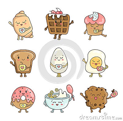 Funny breakfast characters. Kawaii food Vector Illustration