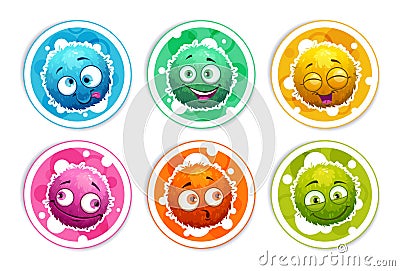 Funny bright round stickers with cartoon fluffy monsters. Vector Illustration