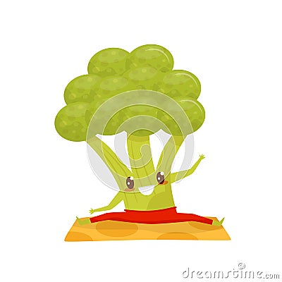 Funny broccoli doing yoga exercise on a mat, sportive vegetable cartoon character vector Illustration on a white Vector Illustration