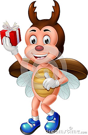 Funny Brown Beetle With Red Gift Box Wearing Blue Shoes Cartoon Stock Photo