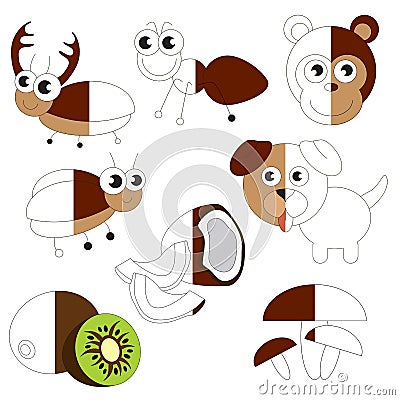 Funny Brown Color Objects, the big kid game to be colored by example half. Vector Illustration