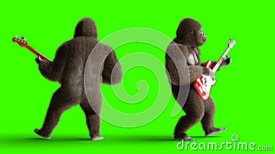 Funny brown gorilla play the bass guitar. Super realistic fur and hair. Green screen. 3d rendering. Stock Photo