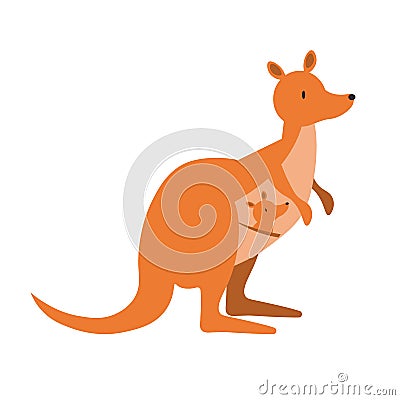 Funny brown kangaroo with cute baby and red heart. Australian marsupials hand drawn vector illustration. Animals Vector Illustration