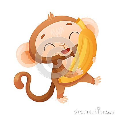 Funny Brown Monkey with Prehensile Tail Carrying Large Yellow Banana Vector Illustration Vector Illustration