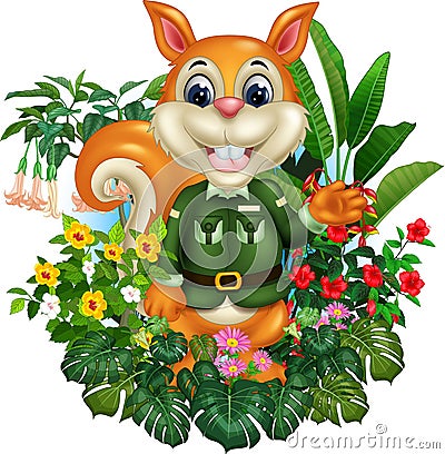 Funny Brown Squirrel With Tropical Plant Flower Cartoon Stock Photo