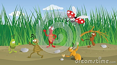 Funny Bugs in the Grass Vector Illustration