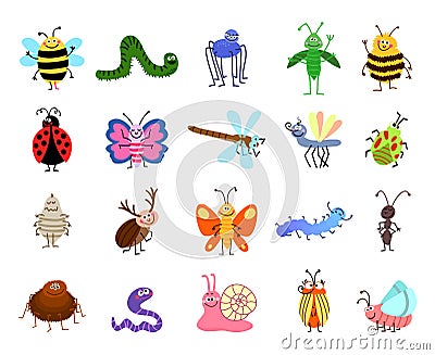 Funny bugs. Vector cute insects on white background Vector Illustration