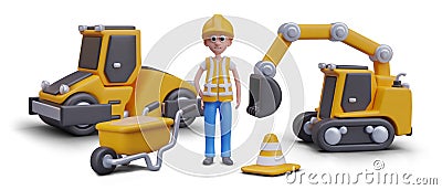 Funny builder at construction site. Vector poster in cartoon style Vector Illustration